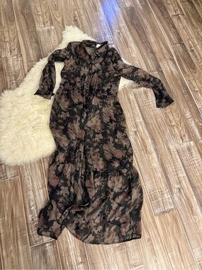 Sheer Black Floral Long Shirt Dress
